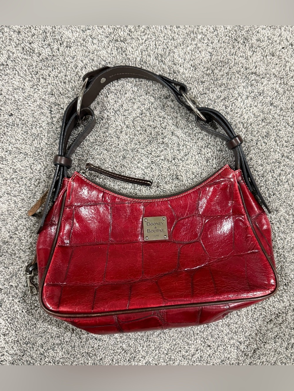 Dooney & Bourke Red  Shiny Croc Embossed Leather Wide Brown Strap Purse Handbag